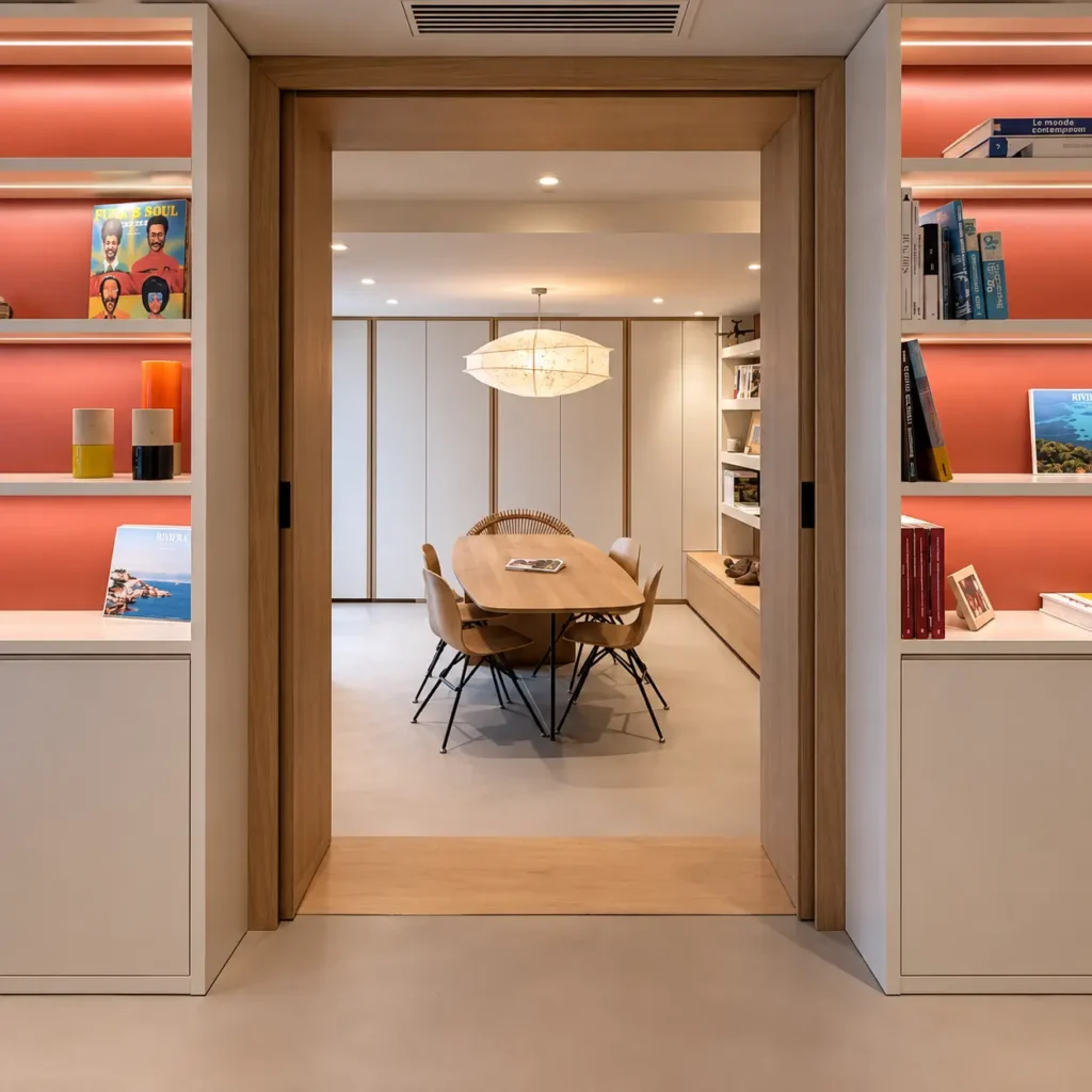 Agencement professionnel en bois avec encadrement de porte en bibliothèque et salle de réunion sur-mesure dans le Var.