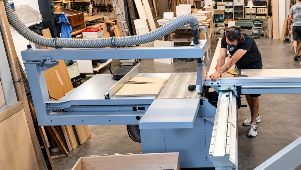 Artisan ébéniste aux commandes d'une scie à format professionnelle dans l'atelier de fabrication à La Farlède dans le Var.