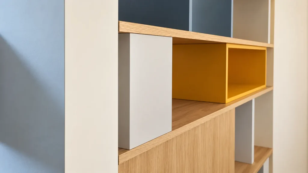 Détail d'une bibliothèque sur-mesure en bois avec niches de rangement colorées encastrées, réalisation artisanale dans le Var.