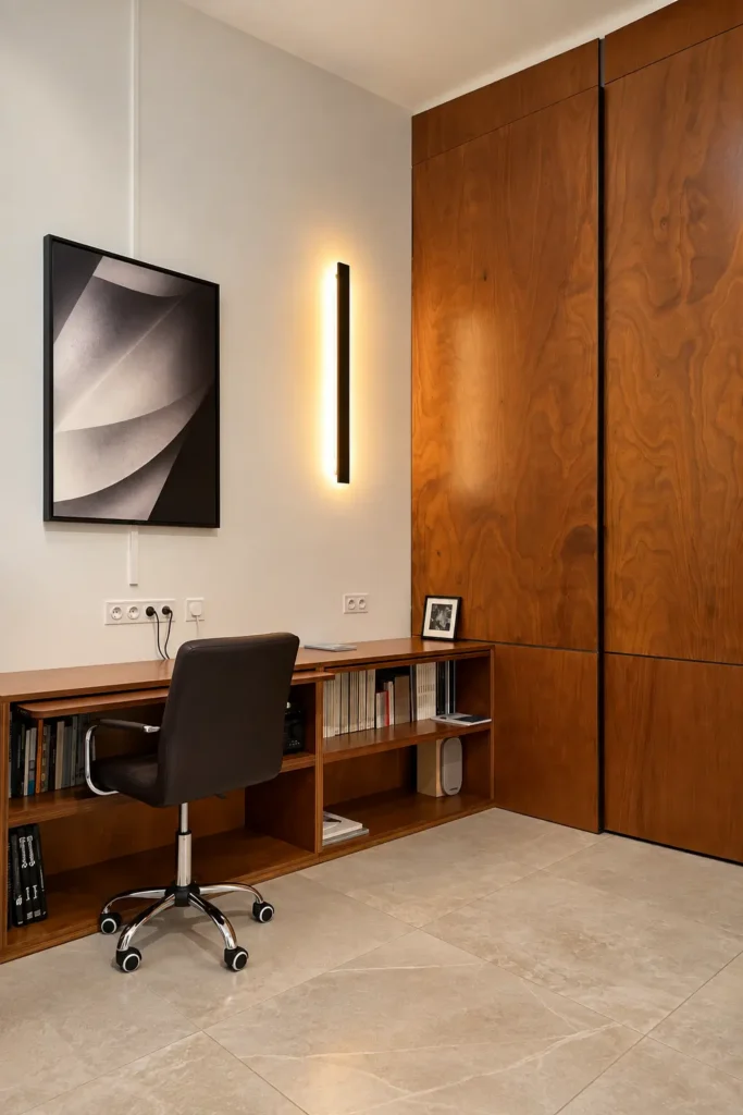 Espace de travail professionnel avec grand bureau sur-mesure, rangements bas et habillage mural en bois dans le Var.