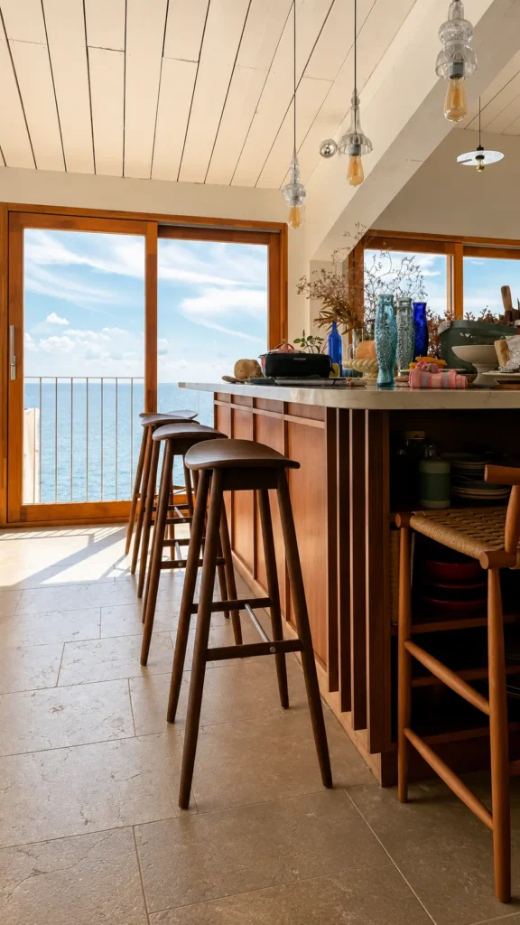Aménagement d'une cuisine sur-mesure en bois massif avec îlot central et vue panoramique sur mer dans le Var