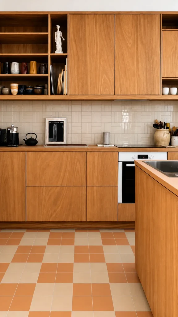 Cuisine contemporaine en bois naturel avec niche de rangement et crédence claire, réalisée par l'Atelier Rodolphe Castellani.