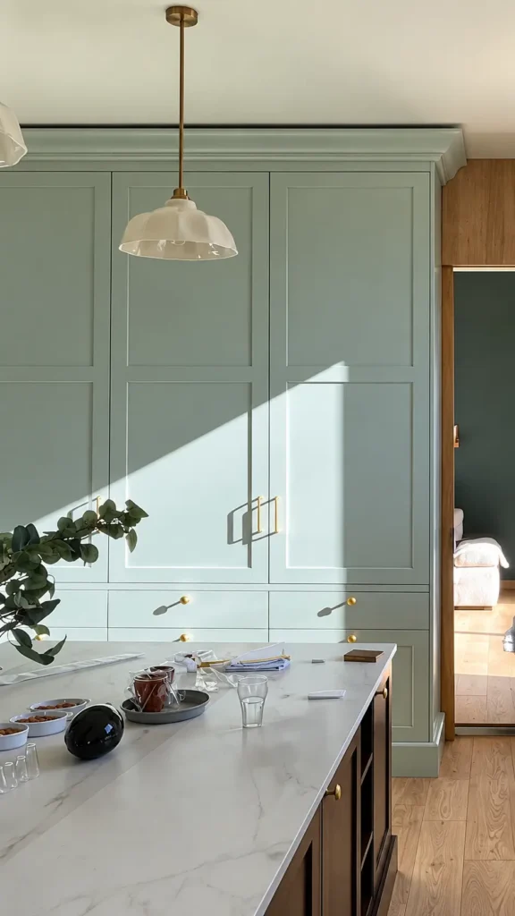 Grandes armoires de cuisine sur-mesure vert sauge avec poignées en laiton, conçues par l'Atelier Rodolphe Castellani dans le Var.