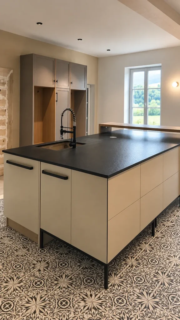 Îlot central de cuisine sur-mesure avec plan de travail noir texturé et comptoir en bois, créé à La Farlède.