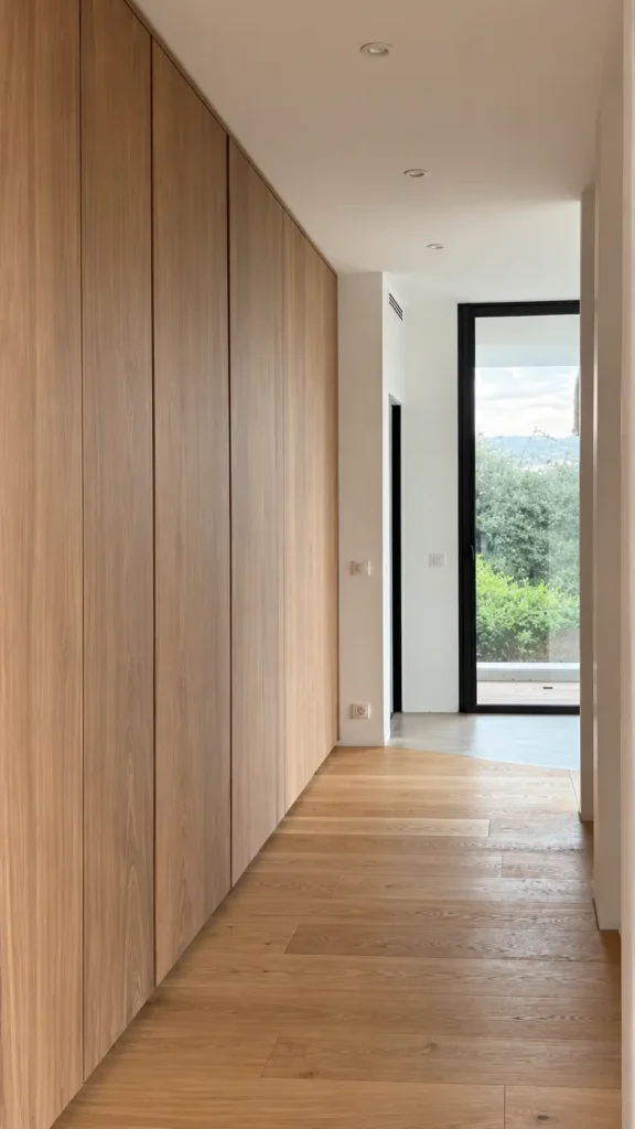 Agencement d'un long dressing de couloir sur-mesure en bois clair à portes affleurantes dans le Var.