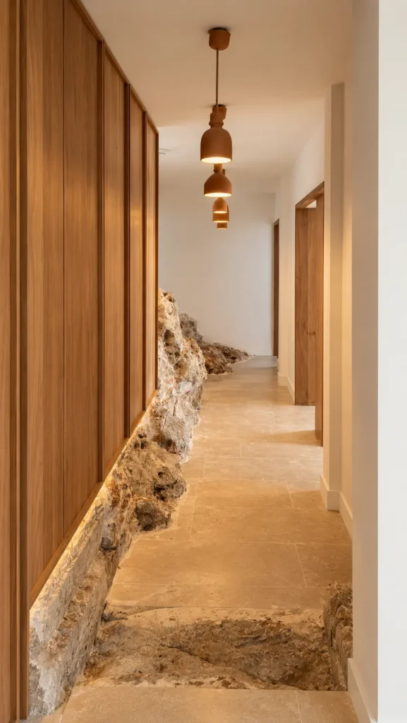 Habillage mural et placards de couloir sur-mesure en bois intégrés sur pierre naturelle par un ébéniste dans le Var.