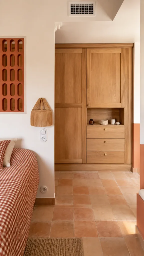 Placard encastré sur-mesure en bois clair avec tiroirs intégrés et niche de rangement par l'Atelier Rodolphe Castellani.