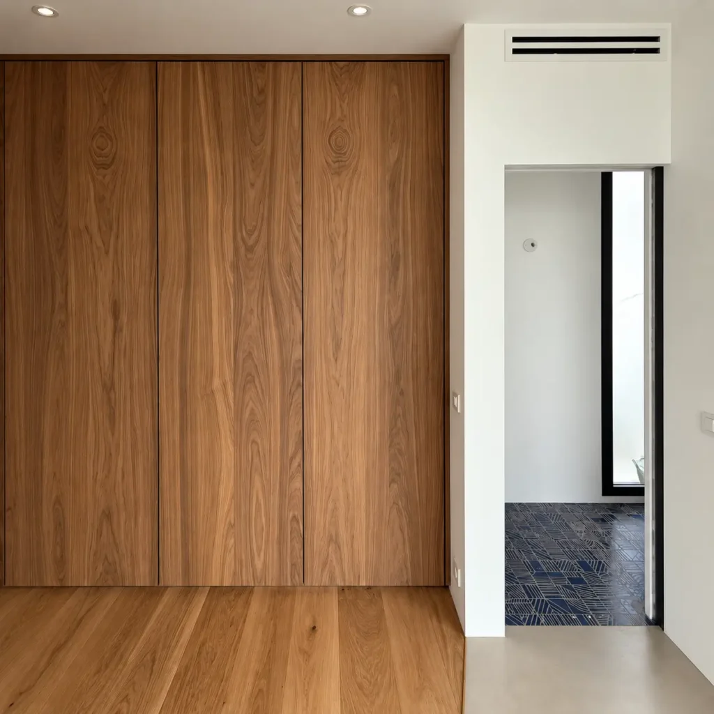 Rangement sur-mesure toute hauteur avec portes en bois contemporain et menuiserie intégrée, par l'Atelier Rodolphe Castellani dans le Var.