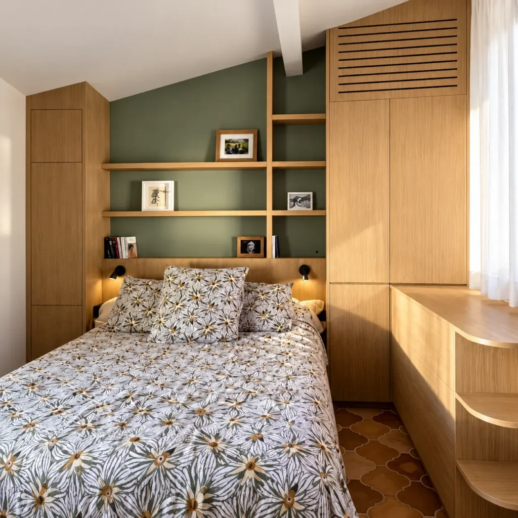 Dressing sur-mesure en bois noble et éclairage LED dans une suite parentale du Var.