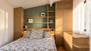 Dressing sur-mesure en bois noble et éclairage LED dans une suite parentale du Var.